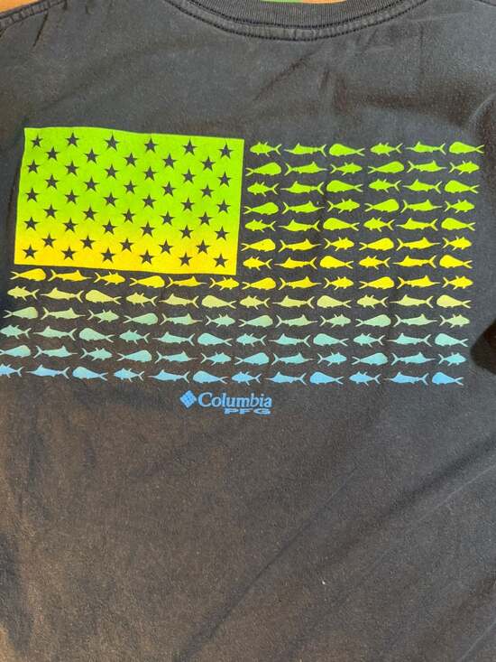 Columbia PFG Men's Large Navy Blue Short Sleeve Fish Flag Graphic T-Shirt - Picture 4 of 6
